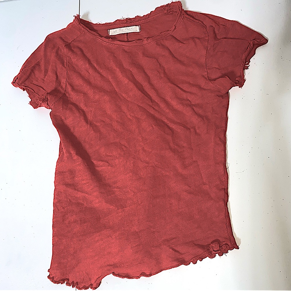 Free People Asymmetrical Shirt Distressed Stretchy Curled Hem Faded Mauve Red XS